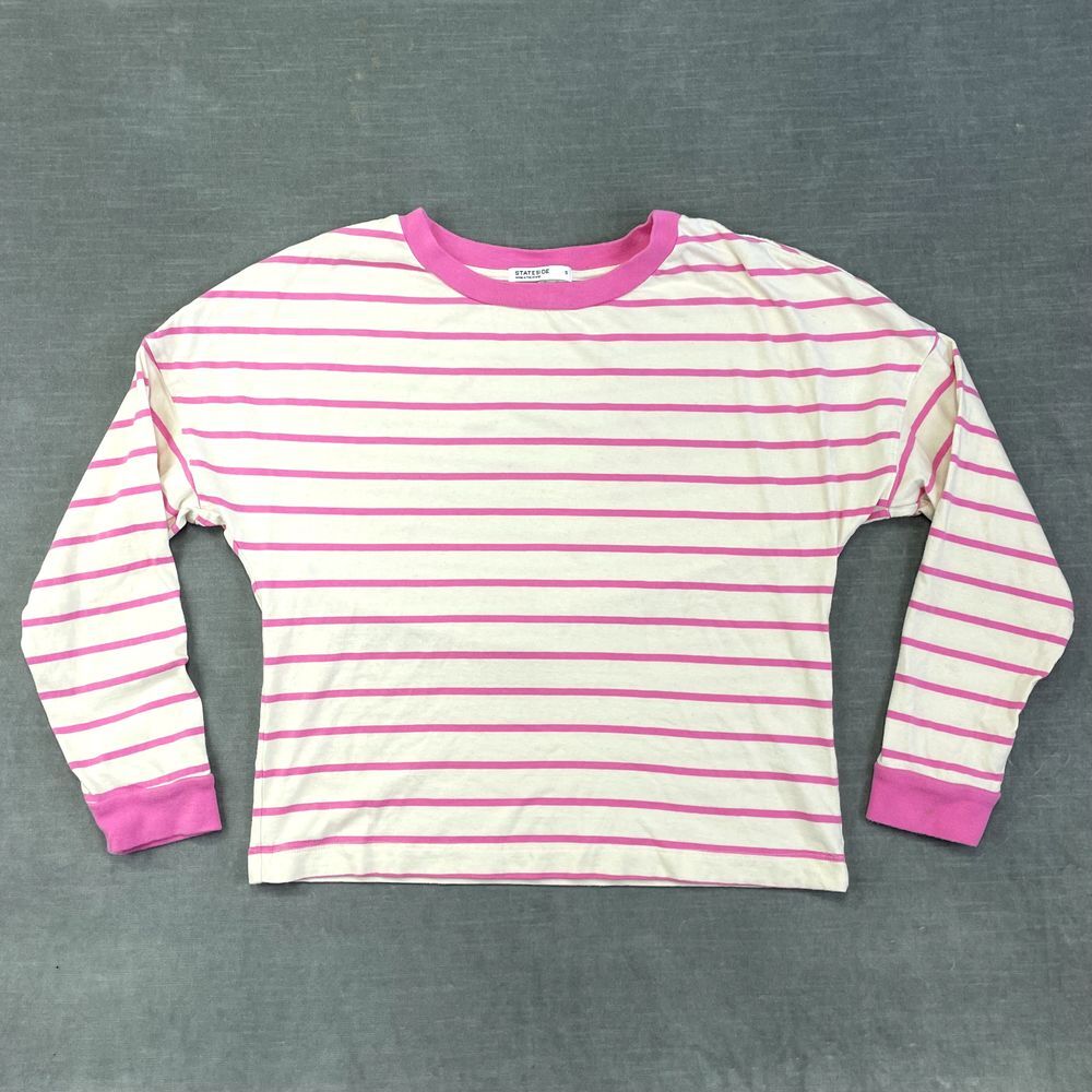 STATESIDE Shirt Womens Small Pink Striped Long Sleeve Crewneck Boxy Tee